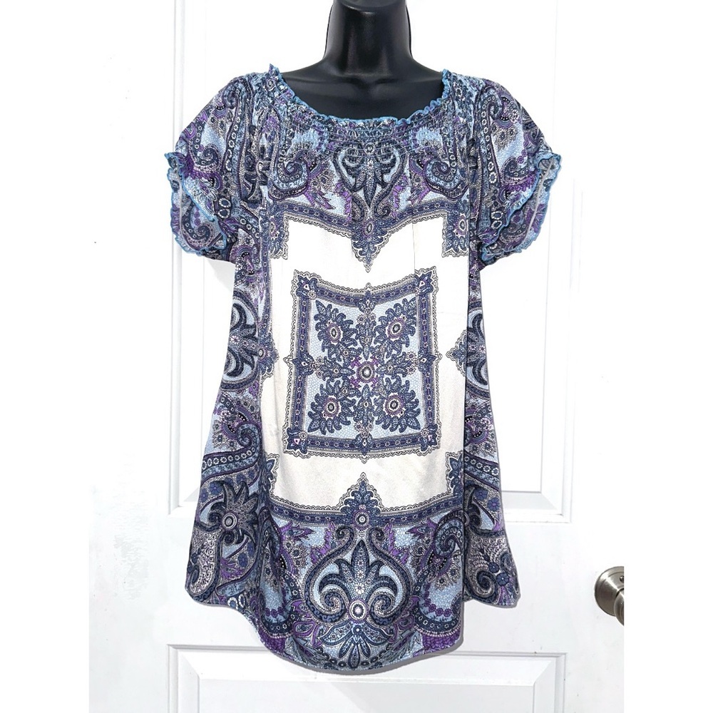 INC International Concepts tunic in a blue and purple paisley print
